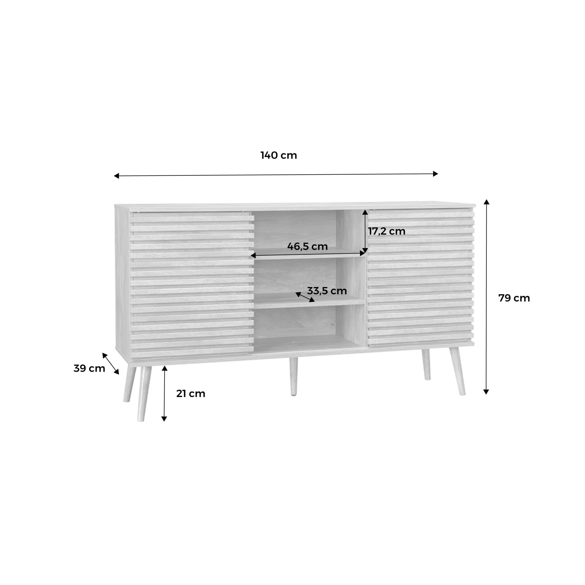 Buffet scandinave décor bois avec 2 portes coulissantes rainurées et 4 étagères. buffet bas. L 140