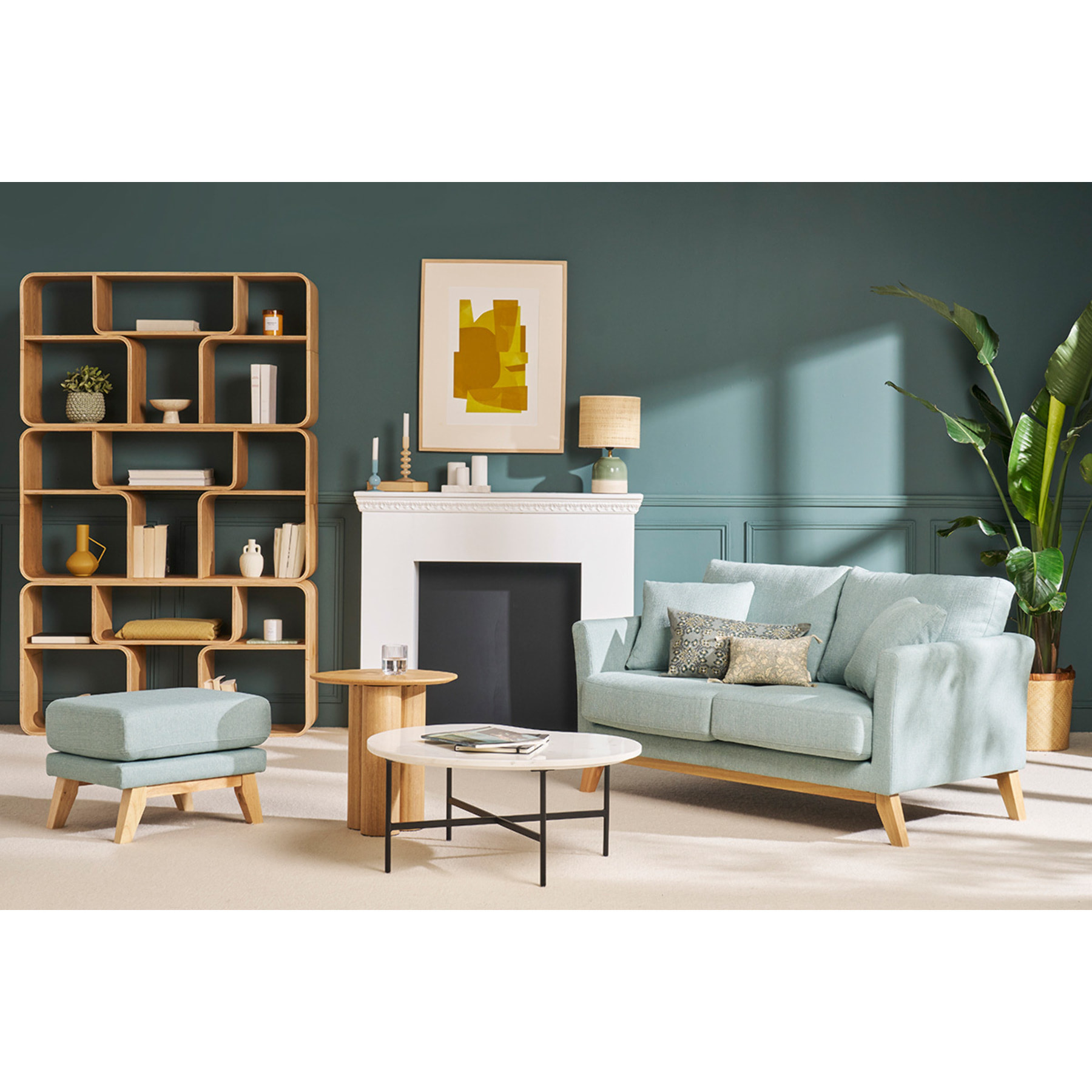 Pouf repose-pieds déhoussable scandinave en tissu velours côtelé vert kaki et bois clair OSLO
