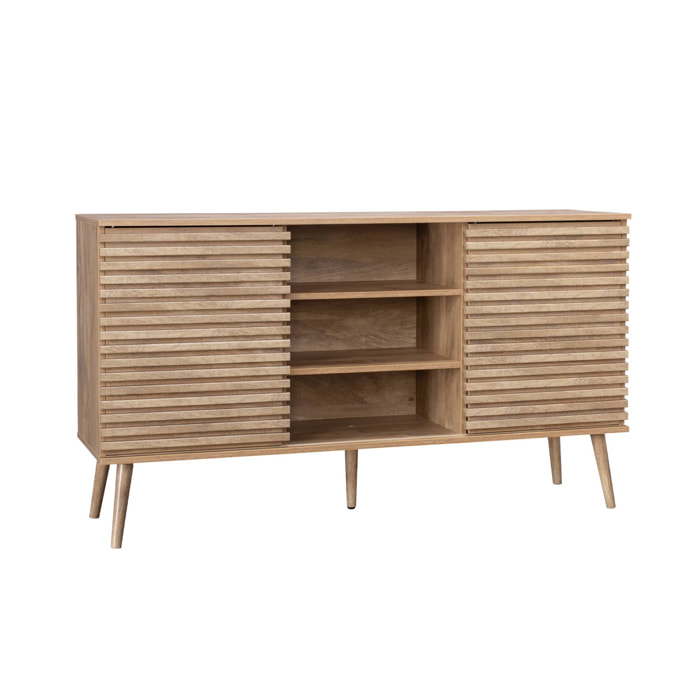 Buffet scandinave décor bois avec 2 portes coulissantes rainurées et 4 étagères. buffet bas. L 140