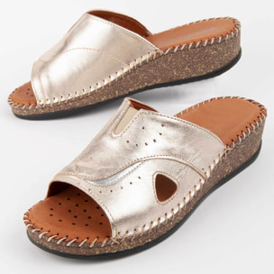 Sandalia De Cuña De Piel - Dorado - Altura: 4 Cm