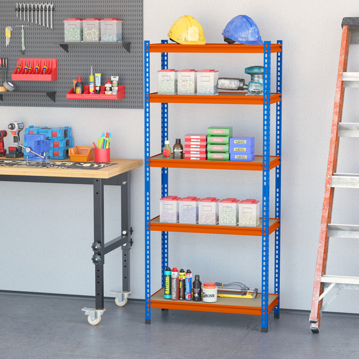 Rayonnage charges lourdes ou volumineuses - étagère garage - 5 tablettes réglables en hauteur - métal bleu orange MDF