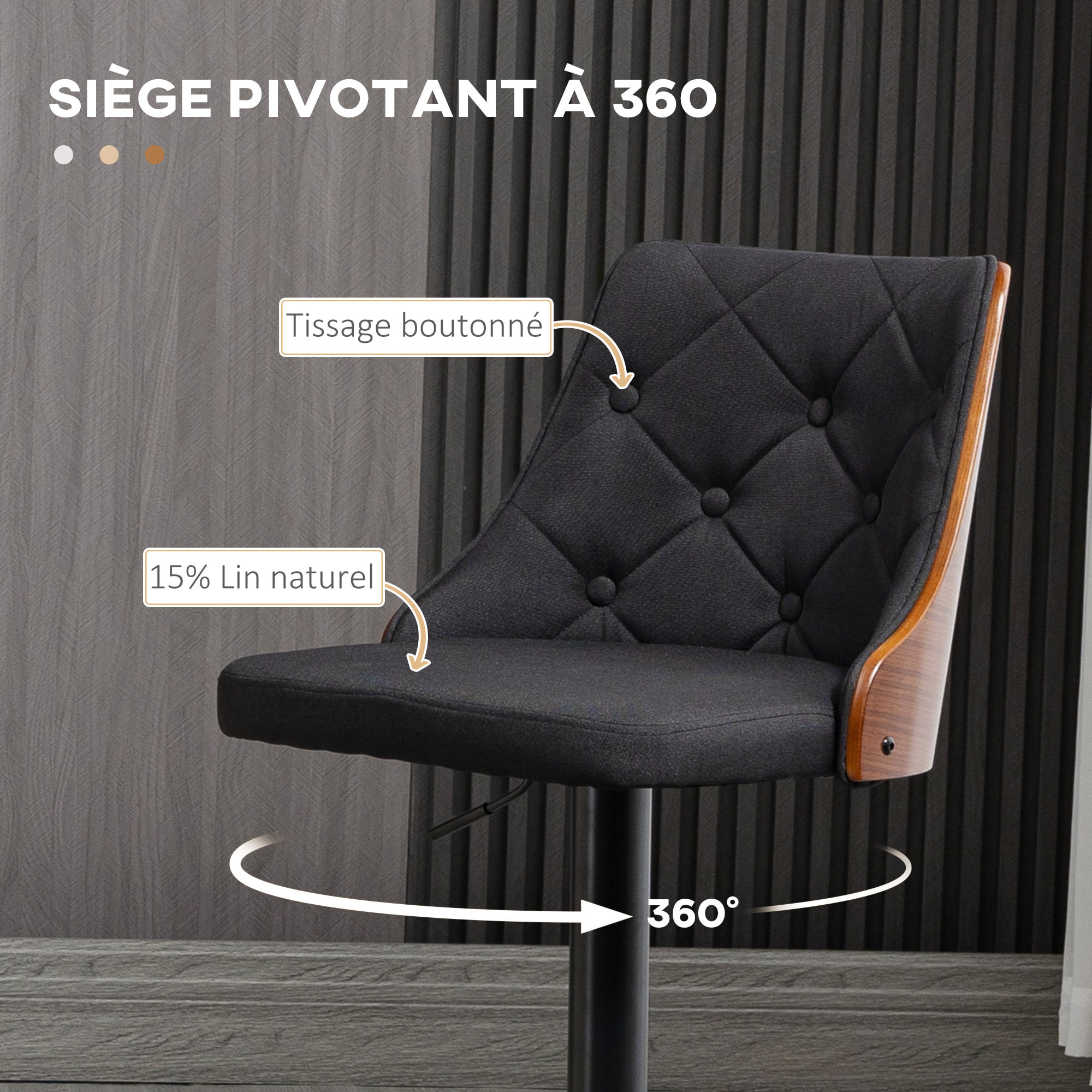 Lot de 2 tabourets de bar design vintage Chesterfield réglable pivotant 360° bois acier lin noir