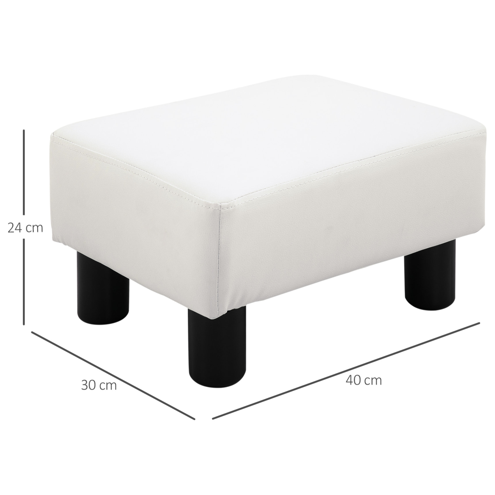 Reposapiés Otomano Taburete Pequeño Tapizado en Piel Sintética con Asiento Acolchado de Espuma y Patas de Plástico para Sofá Dormitorio 40x30x24 cm Blanco