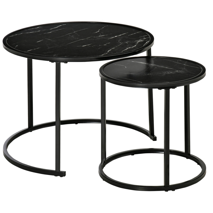 Juego de 2 Mesas Auxiliares Redondas Apilables Mesas Nidos Modernas con Encimera en Efecto de Mármol y Marco de Acero Ø60x46 cm y Ø40x40 cm Negro