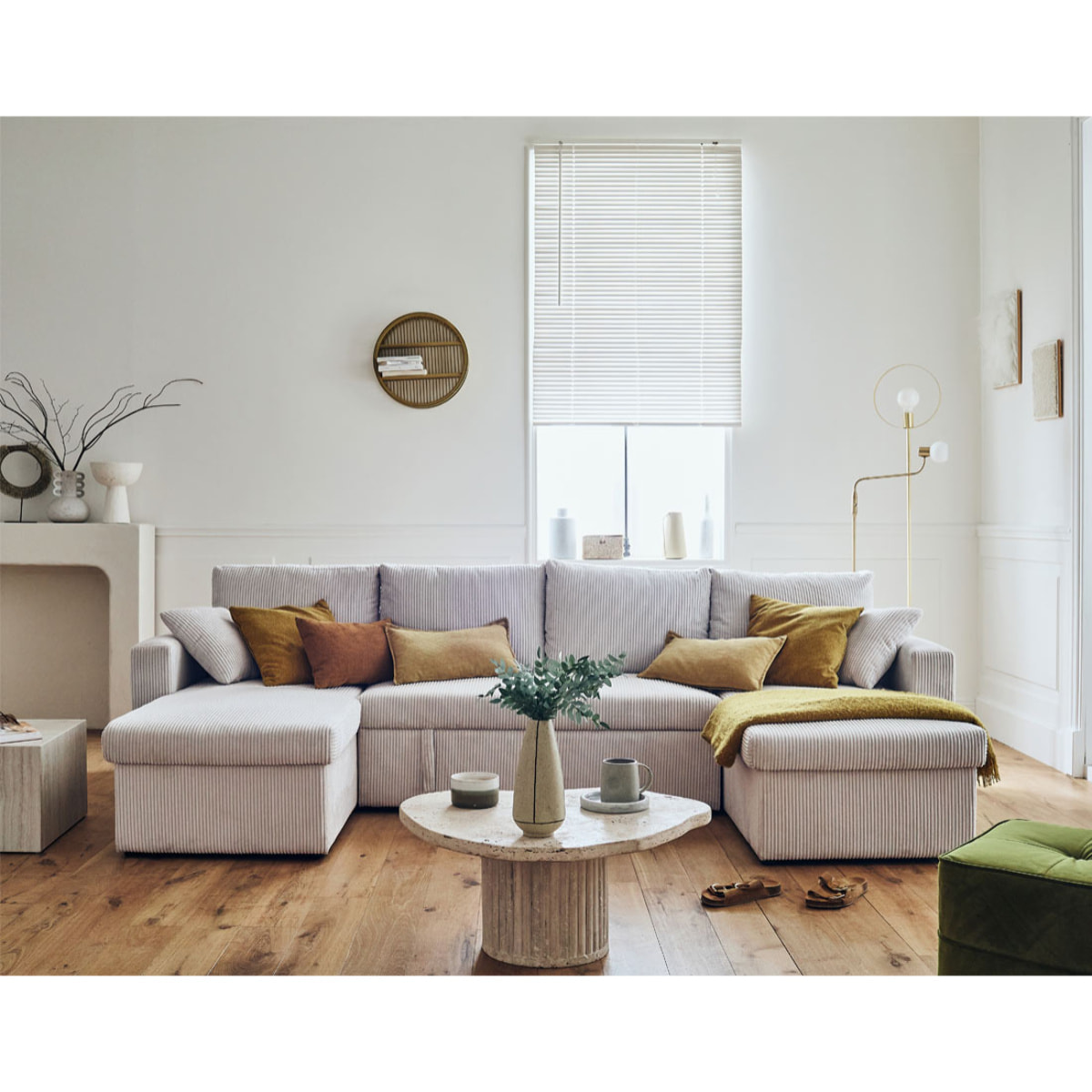 Cyrus - canapé panoramique en U - 7 places - convertible avec coffre - en velours côtelé - Beige