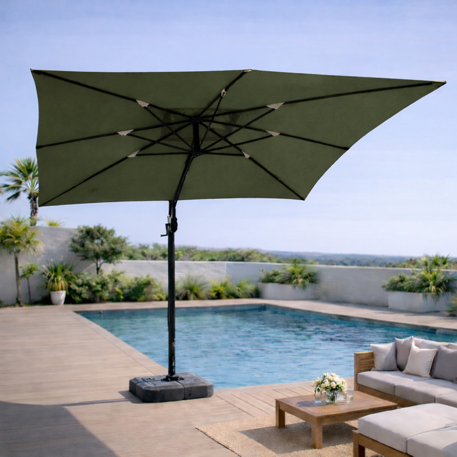 Parasol rectangulaire 3x4m déporté rotatif vert en aluminium NAVIA
