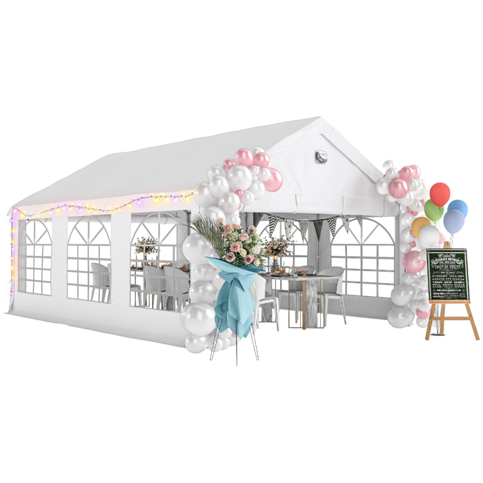 Carpa para Fiesta 4x6 m con Luces LED, Carpa de Jardín con Estructura Acero Galvanizado, Paredes Laterales Extraíbles, 2 Puertas con Cremallera, Ventanas, UPF30+, Gazabo para Eventos, Blanco
