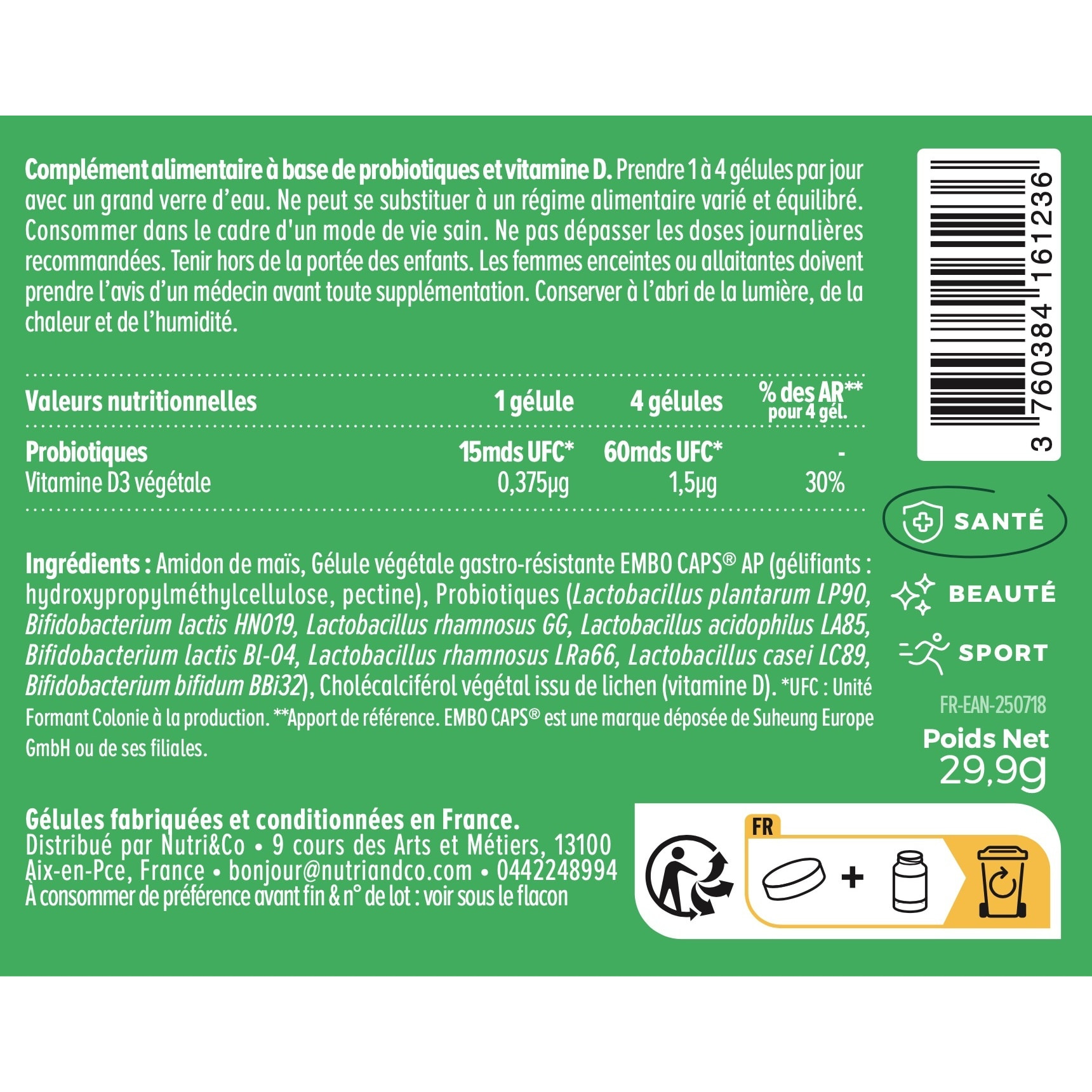 Nutri&Co Probiotiques - Flore Intestinale - 60 gélules Vegan