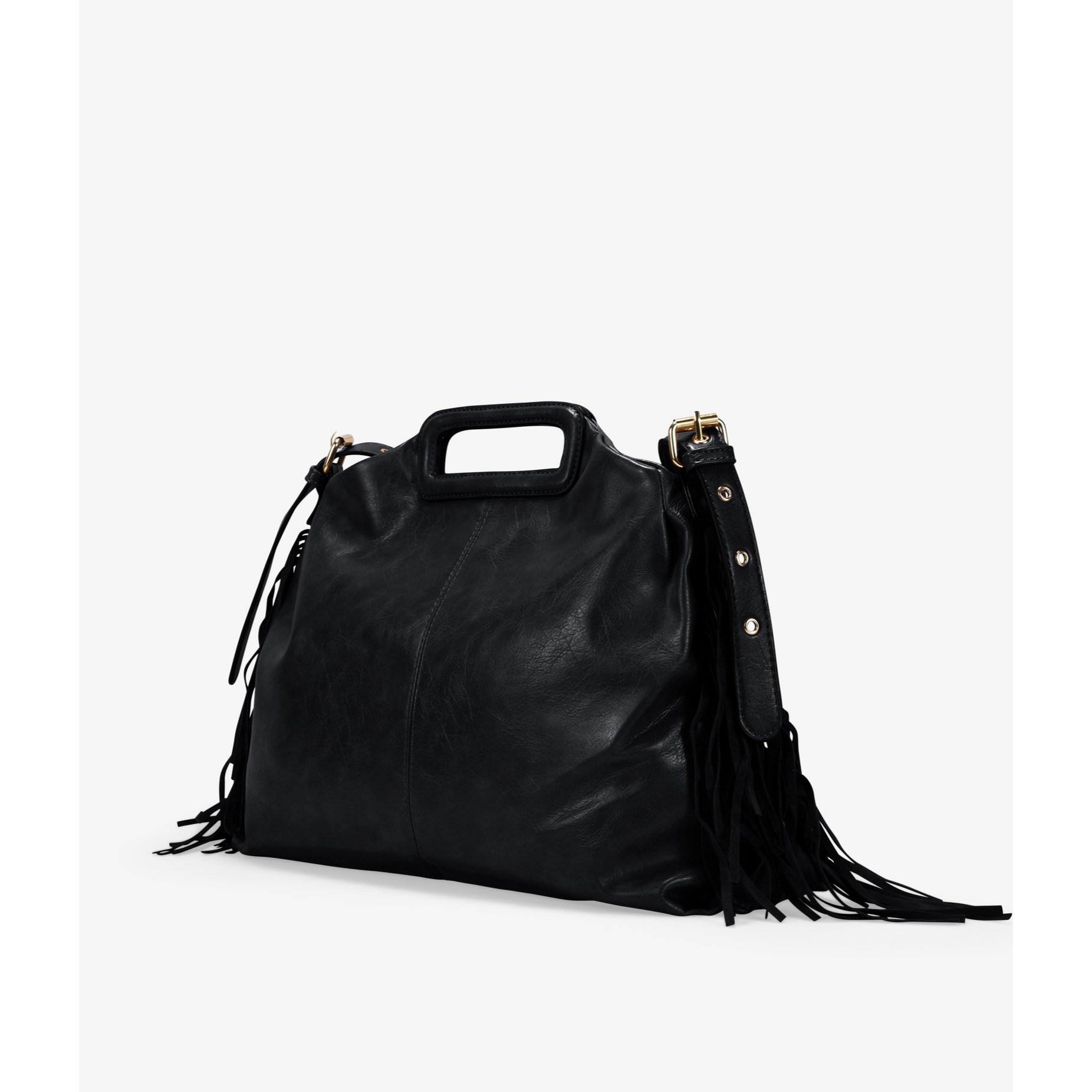 Bolso de mano negro con flecos y asa de colgar
