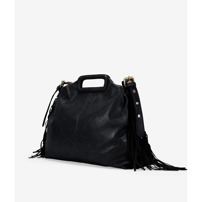 Bolso de mano negro con flecos y asa de colgar
