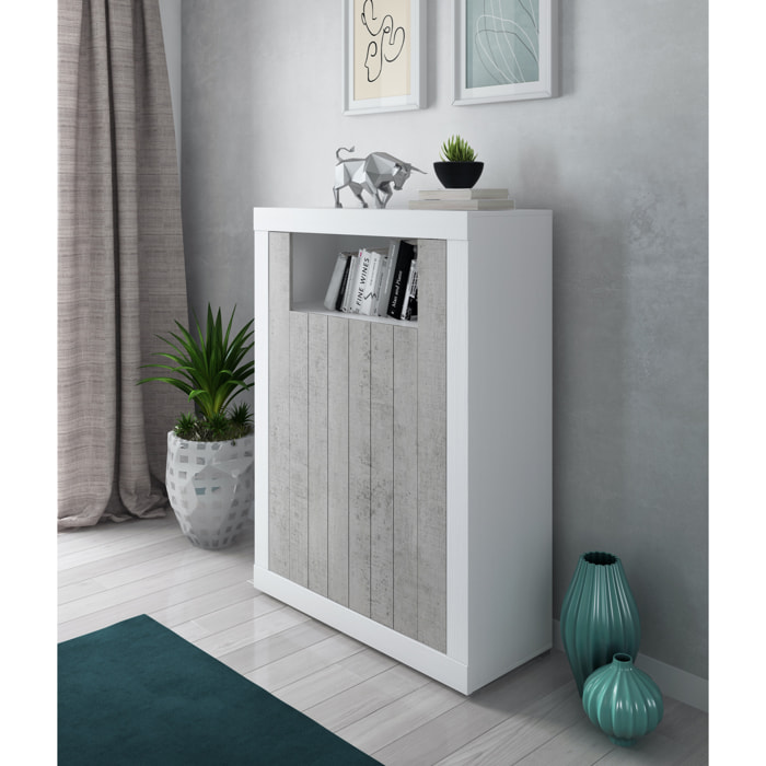 Credenza Alta con 2 Ante Vano A Giorno Madia Soggiorno Cucina Mobile Moderno Multi Spazio e Ripiani Credenza 110x144x42 Cm Bianco e Grigio Cemento