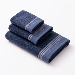 Set 6 toallas baño (2x tocador 30x50cm + 2x manos 50x90cm + 2x baño 70x140cm) 450gsm en algodón azul con gris scalpers home