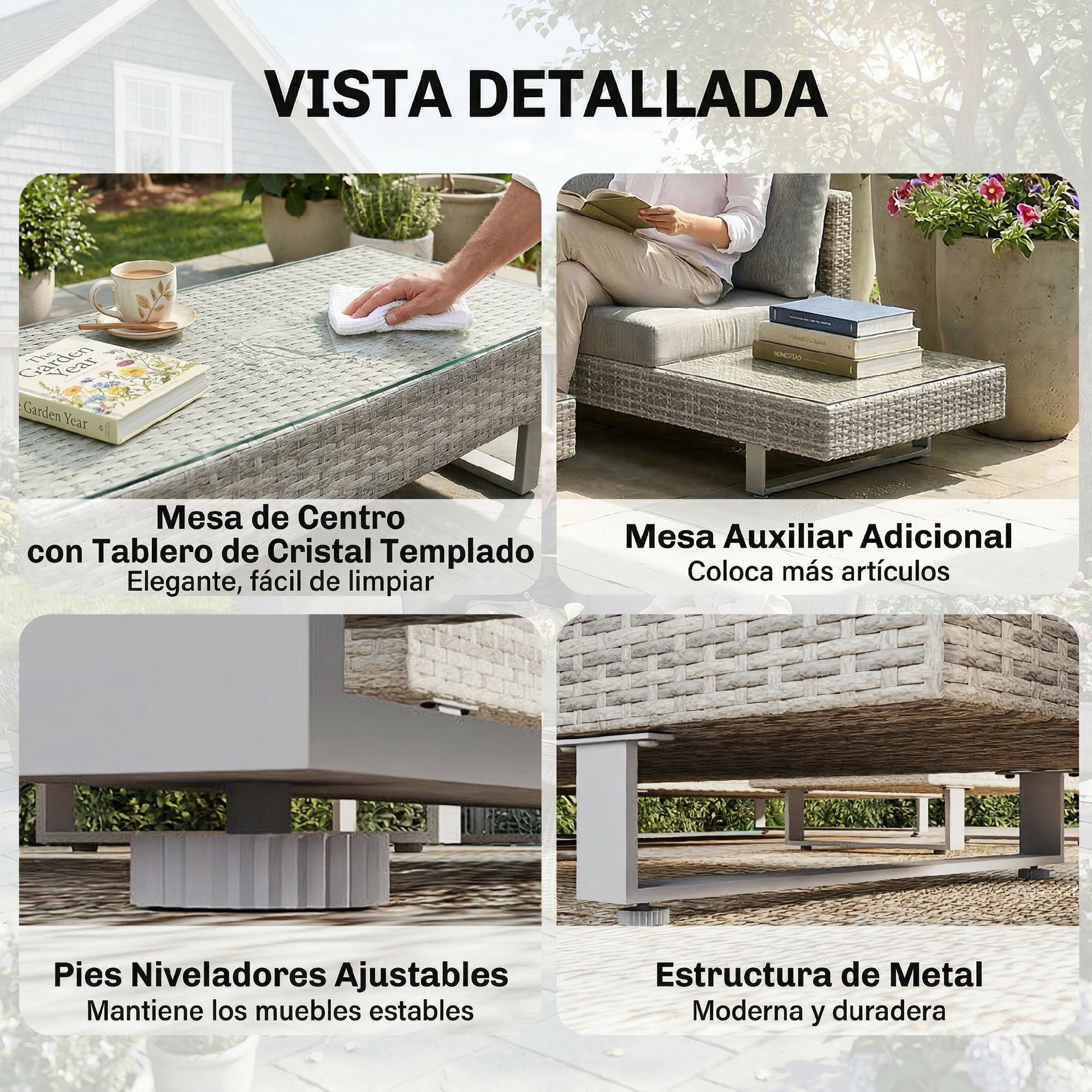 Conjunto de Jardín de Ratán de 3 Piezas, Conjunto Terraza Resistente, Muebles Jardín Exterior Incluye Cojines, Sofá de 3 Plazas, Sofá de 2 Plazas con Mesa Lateral, Mesa Centro de Vidrio Gris
