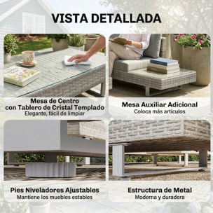 Conjunto de Jardín de Ratán de 3 Piezas, Conjunto Terraza Resistente, Muebles Jardín Exterior Incluye Cojines, Sofá de 3 Plazas, Sofá de 2 Plazas con Mesa Lateral, Mesa Centro de Vidrio Gris