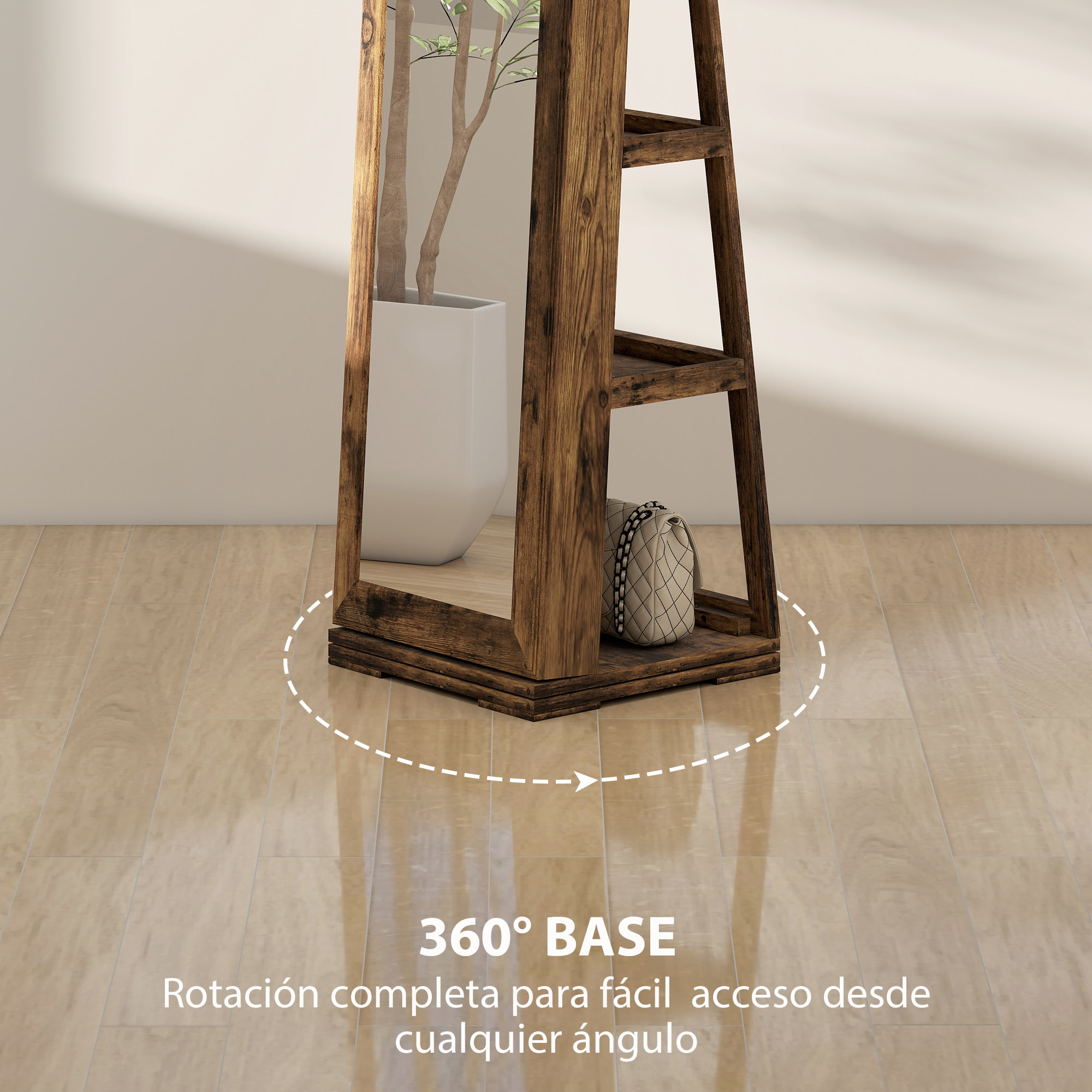 Espejo Joyero de Pie, Armario para Joyas Giratorio 360°, Armario Joyero con Cerradura, Llaves, Estantes Posteriores y Espejo Pequeño Incorporado, para Dormitorio y Vestidor, Marrón Rústico
