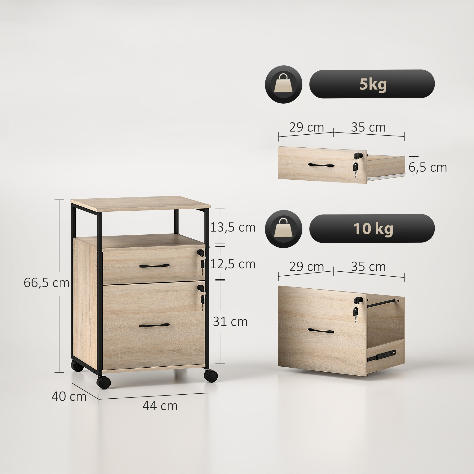 Cajonera de Oficina con 2 Cajones, Cajonera de Escritorio con Ruedas, Barra Colgante, Cerradura y 2 Llaves para A4 Carta, Archivador Móvil para Estudio, 44x40x66,5 cm, Natural