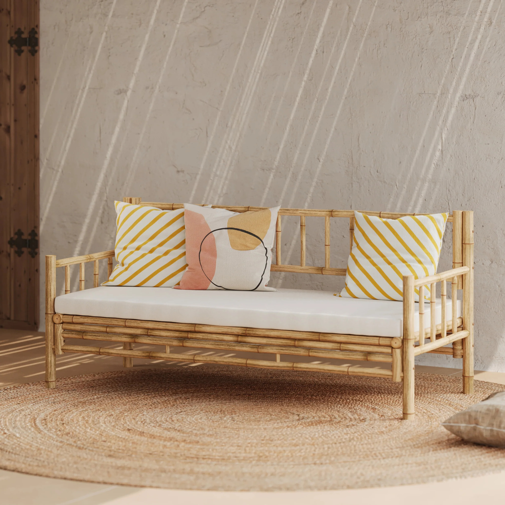 Canapé de jardin blanc 3 places en bambou naturel - Vadella