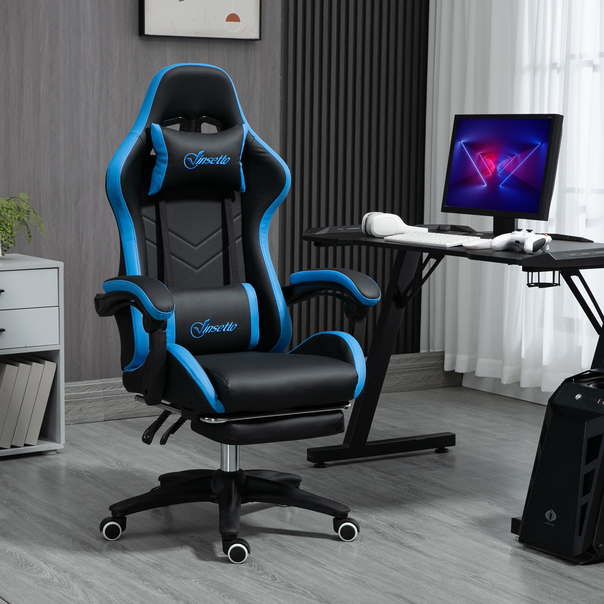 Silla Gaming Ergonómica, Silla Gamer de Cuero PU con Reclinable 135°, Soporte Lumbar, Altura Ajustable, Reposacabezas y Reposapiés Retráctil, para Oficina, Estudio, Negro y Azul