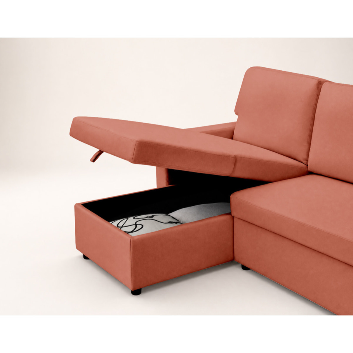Meiya - canapé d'angle réversible 4 places convertible avec coffre en tissu - Terracotta