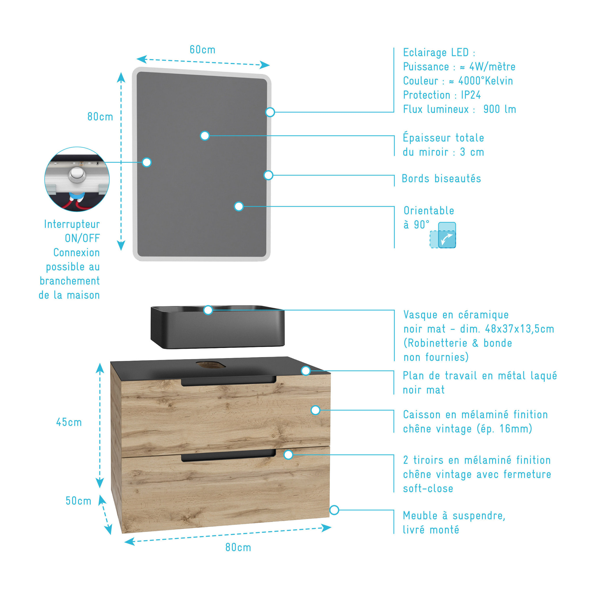 Meuble salle de bains 80 cm 2 tiroirs - Chêne et noir - Vasque rectangle - Miroir Led - OMEGA