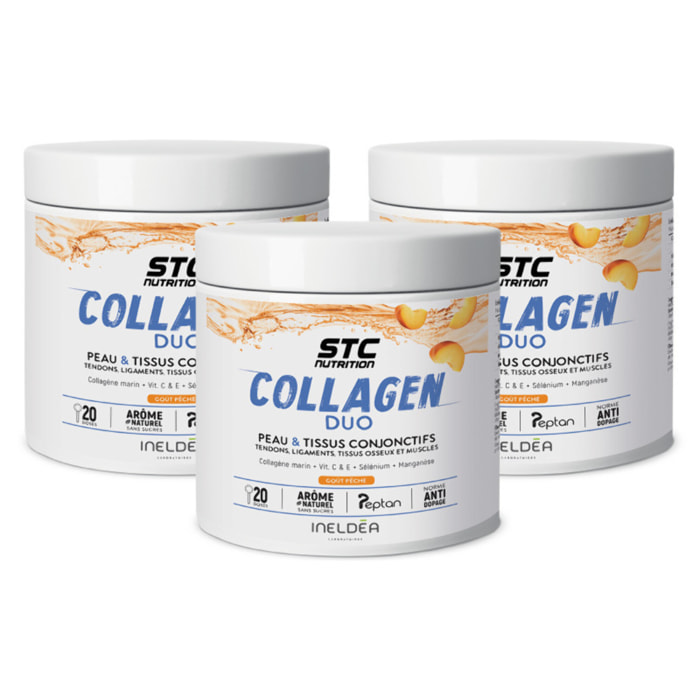 STC NUTRITION - Collagen Duo - Favorise la Santé de la Peau, des Os et des Articulations - Collagène Marin Type I + Vitamines C & E + Sélénium + Manganèse - Arôme naturel de pêche - 3 pots