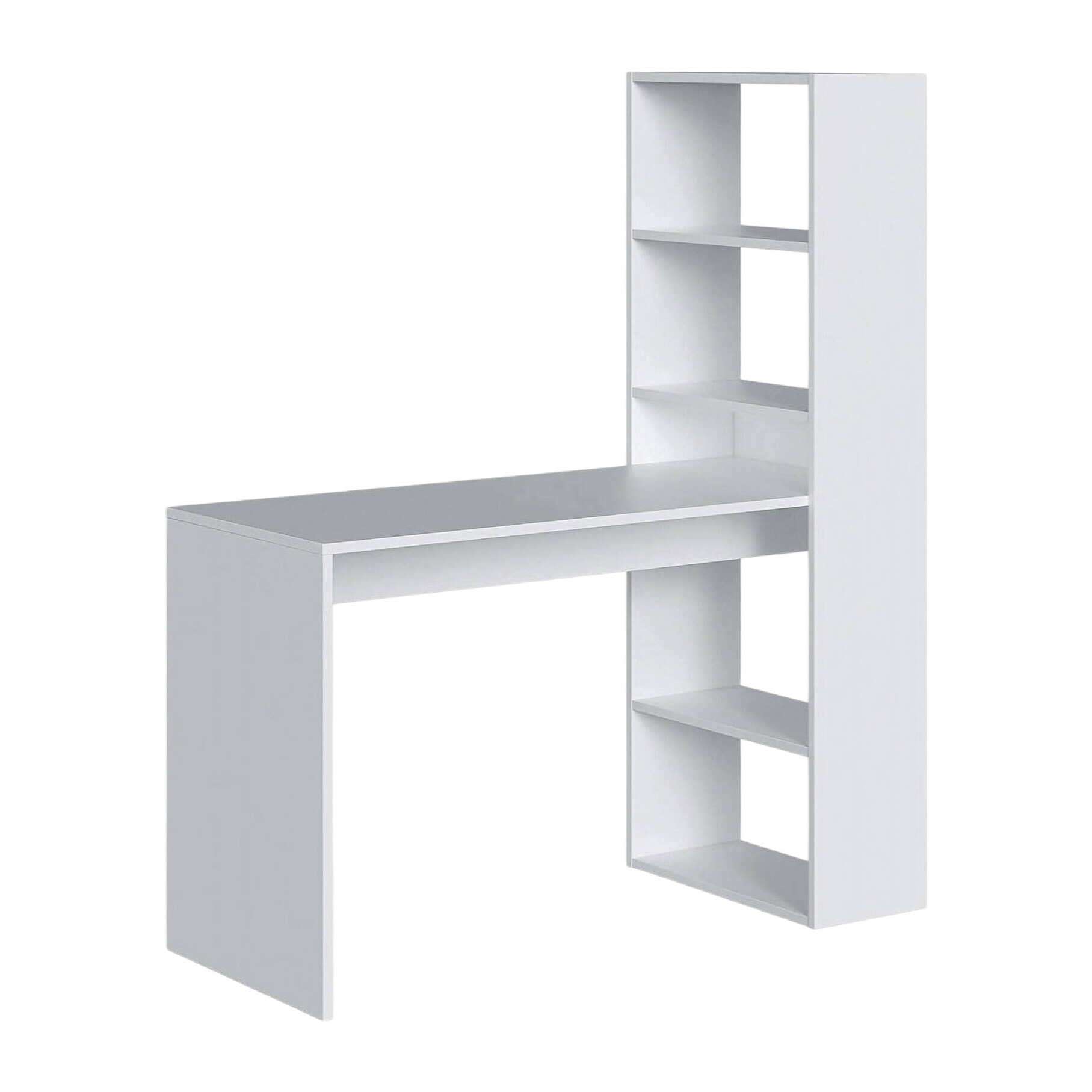 Scrivania Ali, Scrittoio multifunzione reversibile con libreria 5 ripiani, Tavolo da studio o ufficio porta PC portalibri, 120x53h144 cm, Bianco