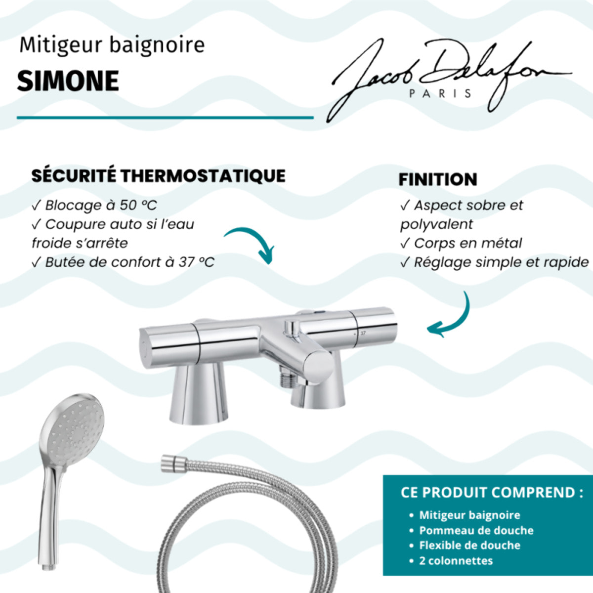 Mitigeur baignoire Simone + pommeau de douche Awaken + flexible de douche métal + colonnettes