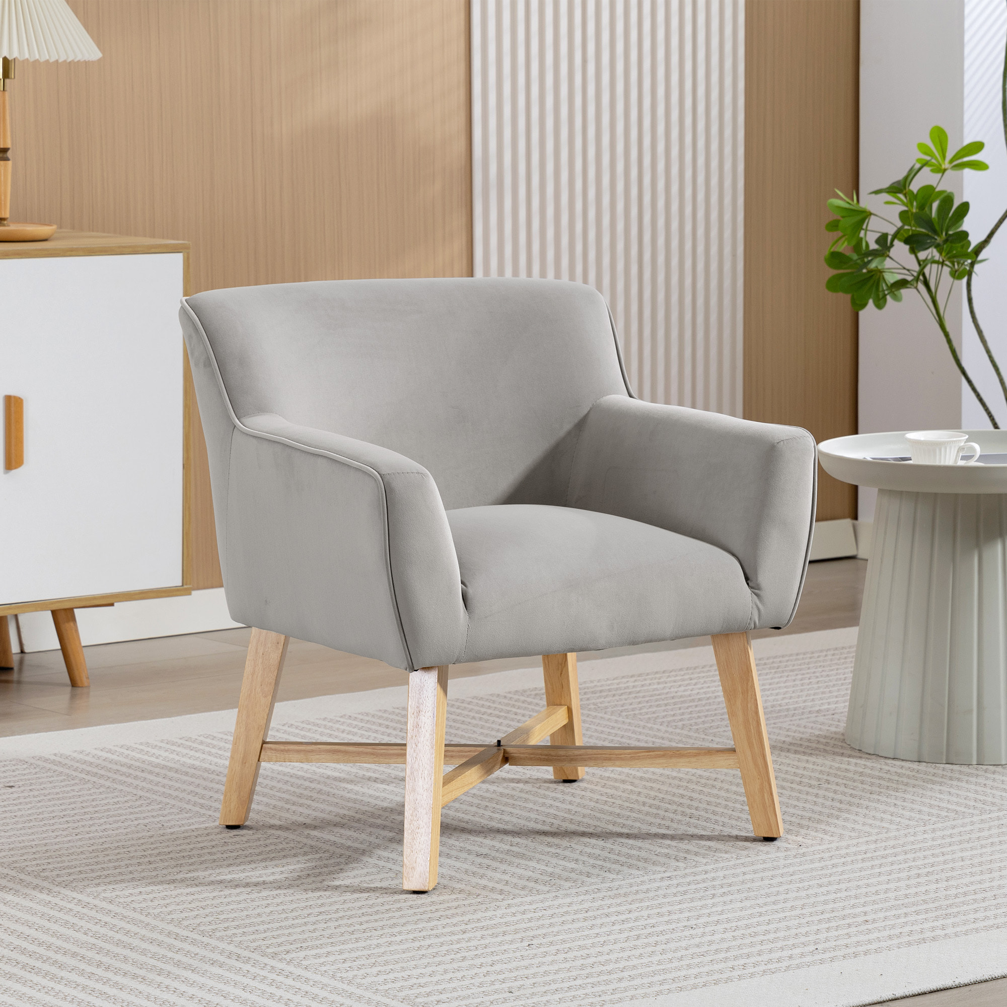 Butaca de Salón Tapizada en Terciopelo, Sillón de Salón Moderno Acolchado, Patas de Madera, Reposabrazos, Base Cruzada, Sillón Relax para Dormitorio, Oficina, Estudio, 67x65x74 cm, Gris Claro