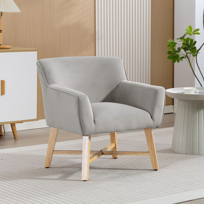 Butaca de Salón Tapizada en Terciopelo, Sillón de Salón Moderno Acolchado, Patas de Madera, Reposabrazos, Base Cruzada, Sillón Relax para Dormitorio, Oficina, Estudio, 67x65x74 cm, Gris Claro