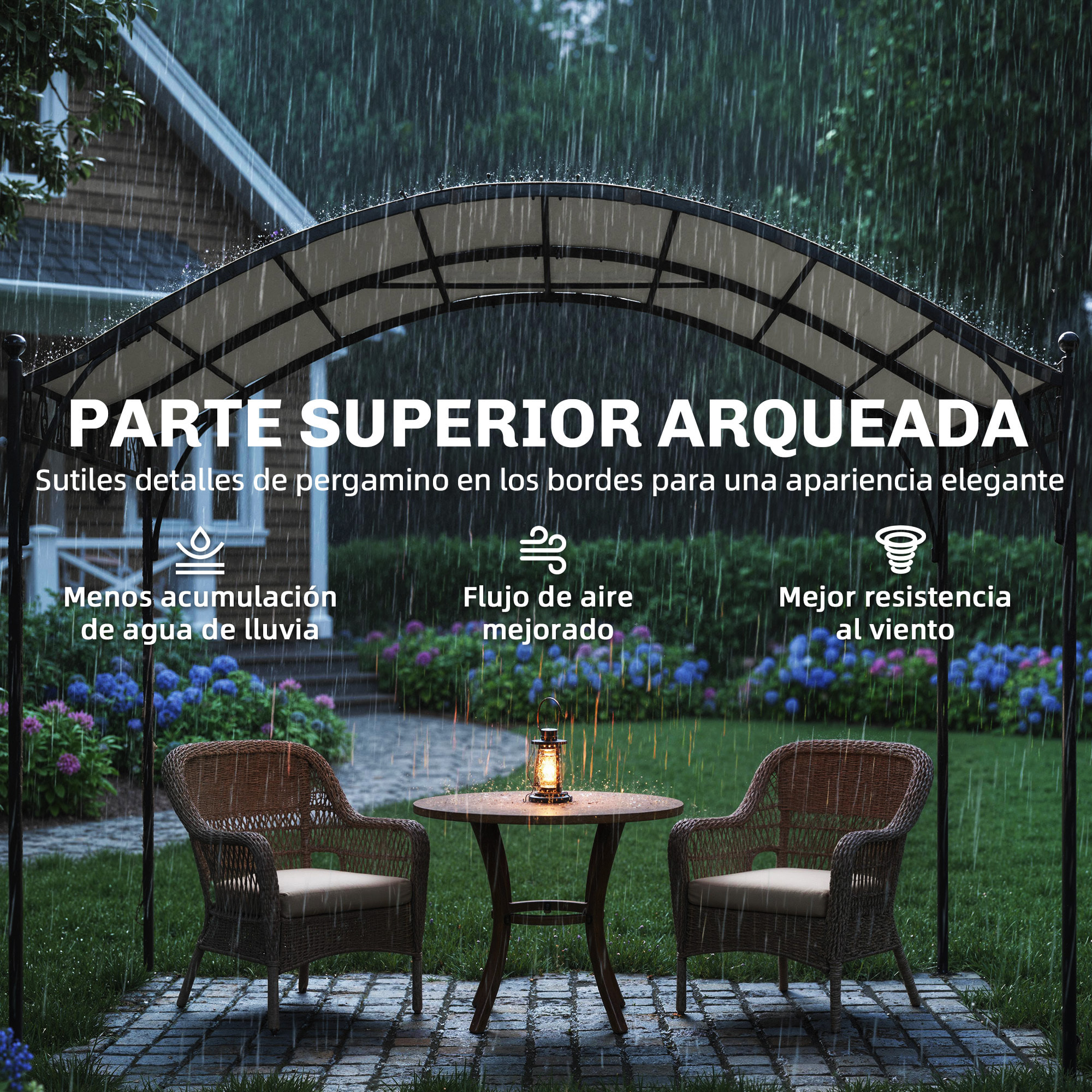 Pérgola de Jardín 3x3 m, Cenador de Jardín con Techo Arqueado, Dosel UV30+ y Estructura de Metal Galvanizado, Pabellón para Exterior, Patio, Terraza, Blanco Crema