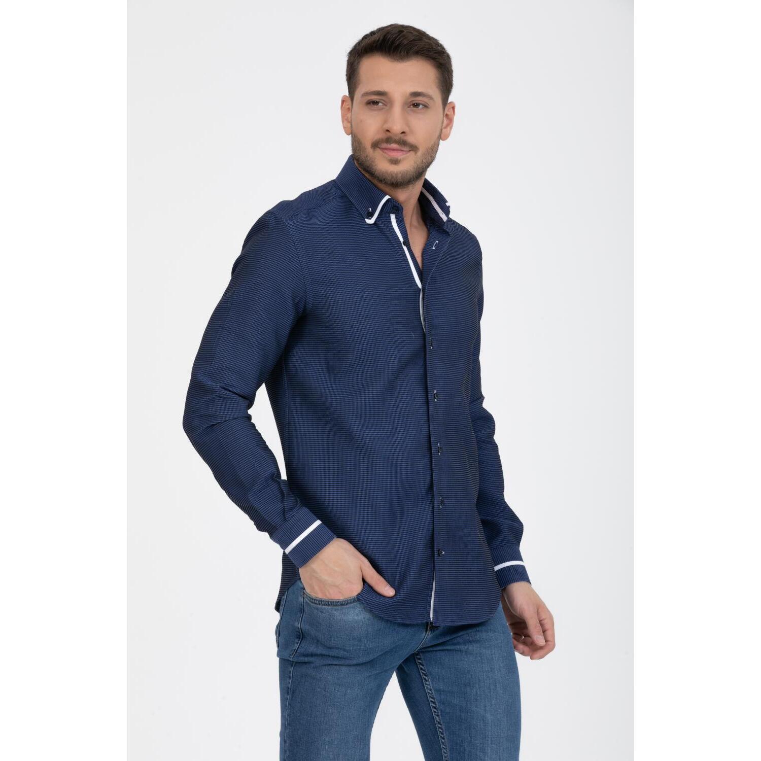 Camicia Uomo 1 Bottoni Button Down Slim Armaturato Fantasia Blu/Celeste