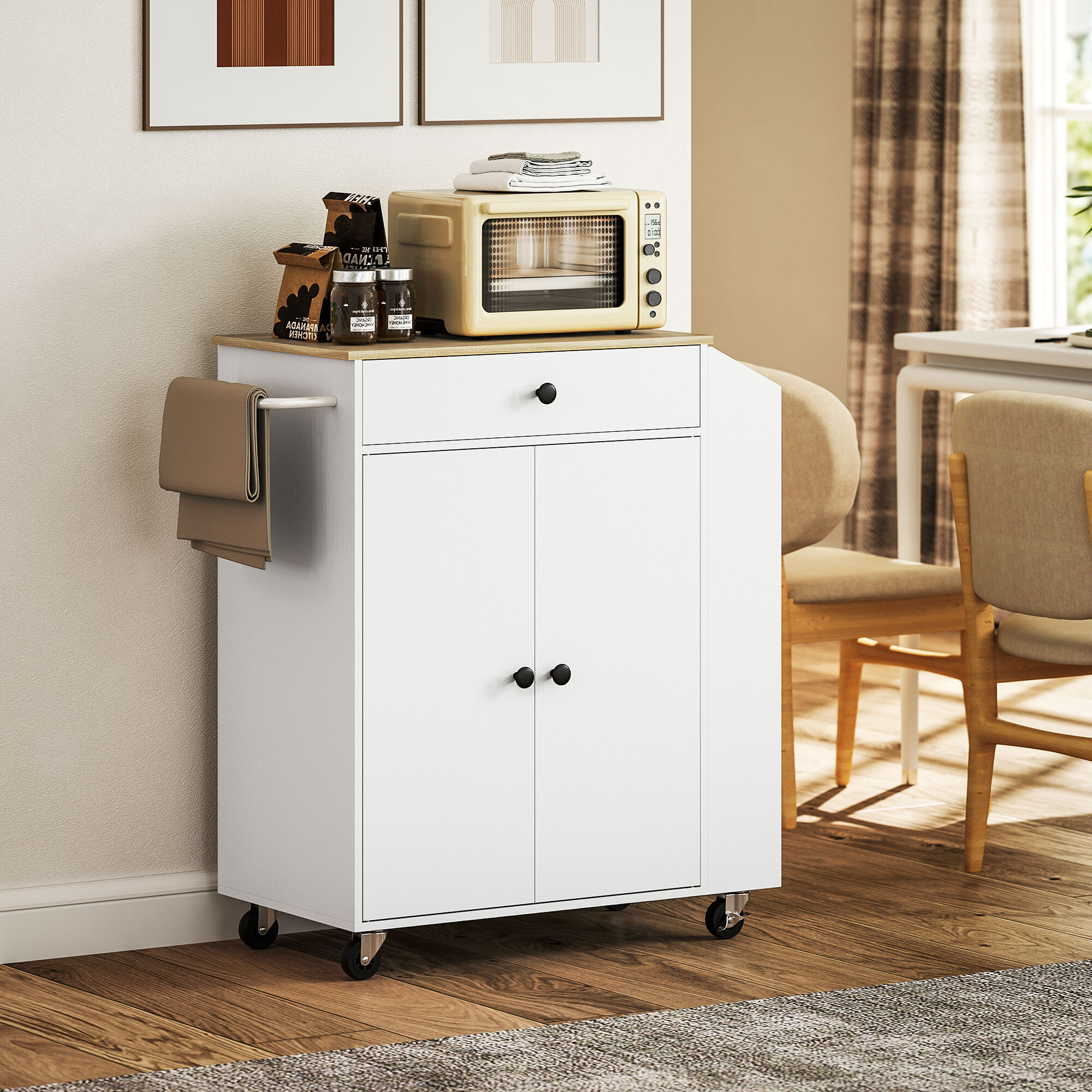 Isla de Cocina con Ruedas Carrito de Cocina Mueble Auxiliar de Cocina con 2 Puertas Cajón Especiero de 3 Niveles Toallero y Estante Ajustable 82x38x86,5 cm Blanco