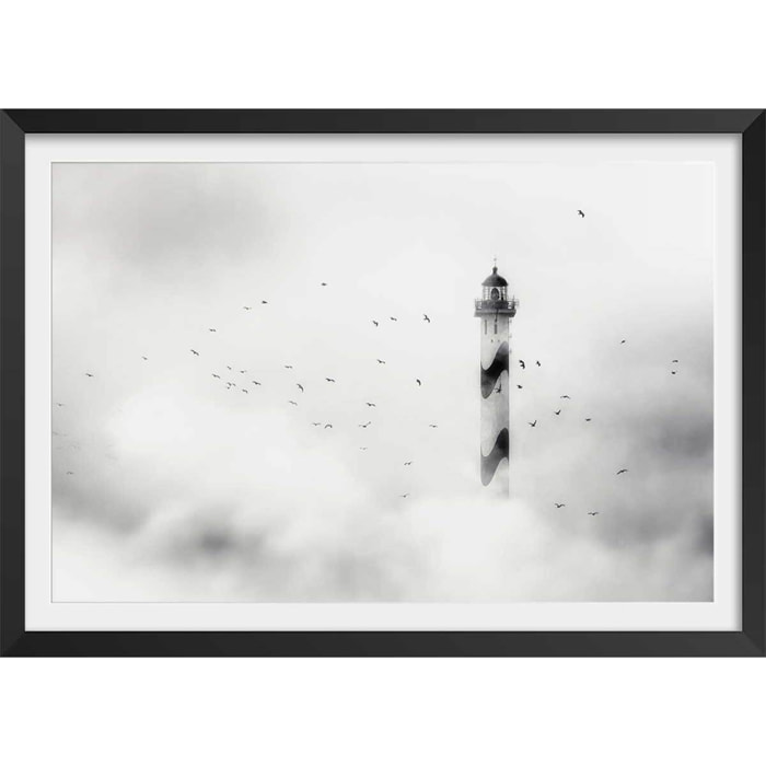 Affiche phare dans le brouillard Affiche + cadre en bois - Noir