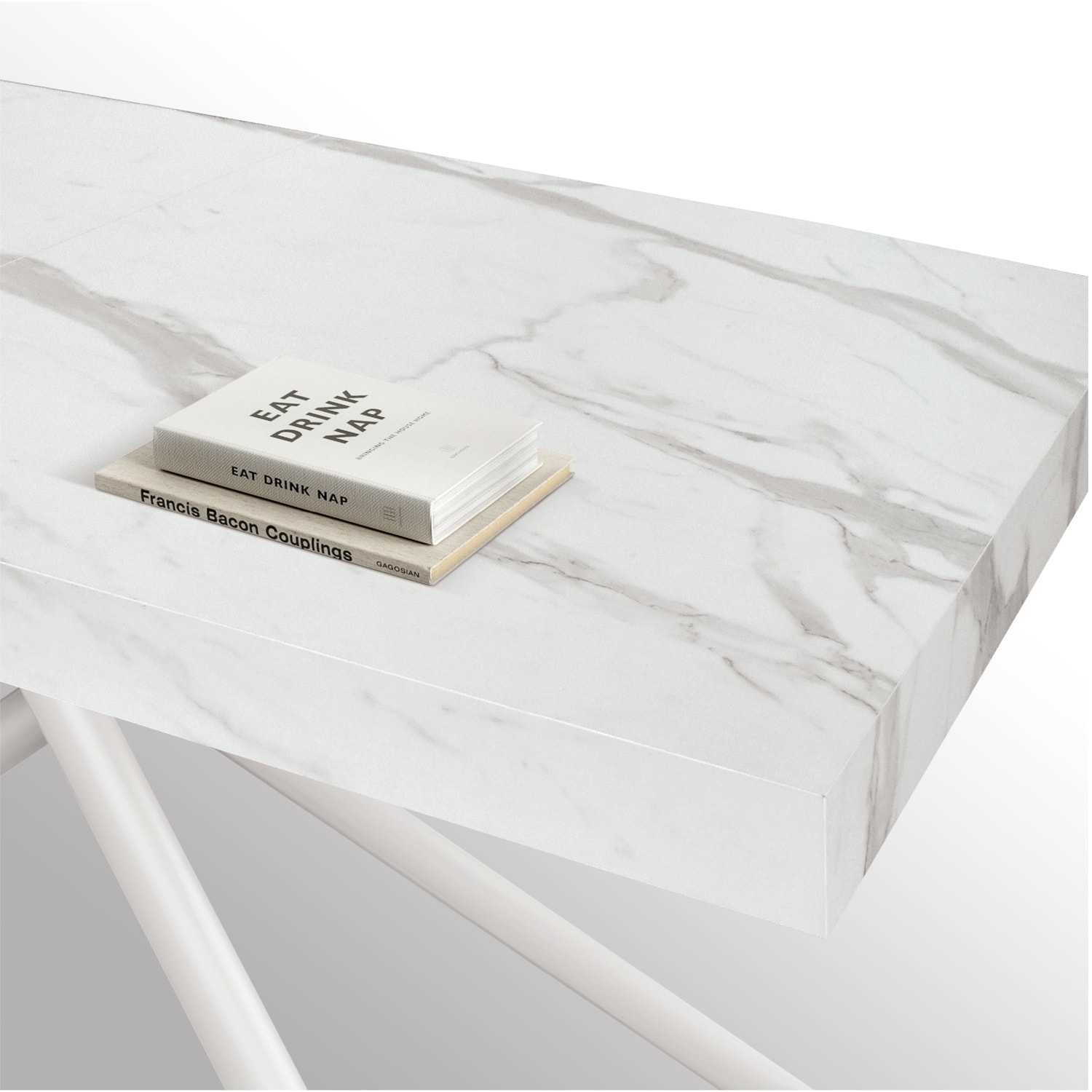 Tavolo CARRARA in legno, finitura bianco statuario e gambe in metallo bianco, allungabile 140x90 cm - 220x90 cm