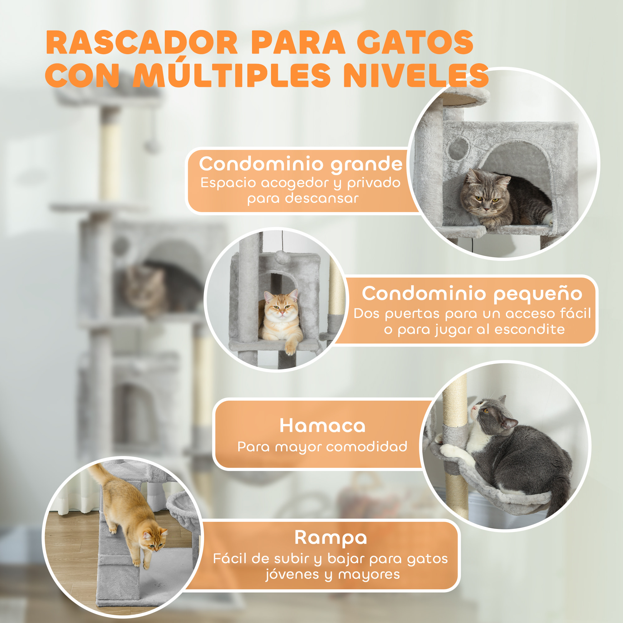 Árbol Rascador para Gatos, Árbol para Gatos 160 cm, Torre Escalador con Múltiples Plataformas, Cama, 2 Cuevas, Hamaca, Escalera, Postes de Sisal, Bolas para Jugar, Gris Claro