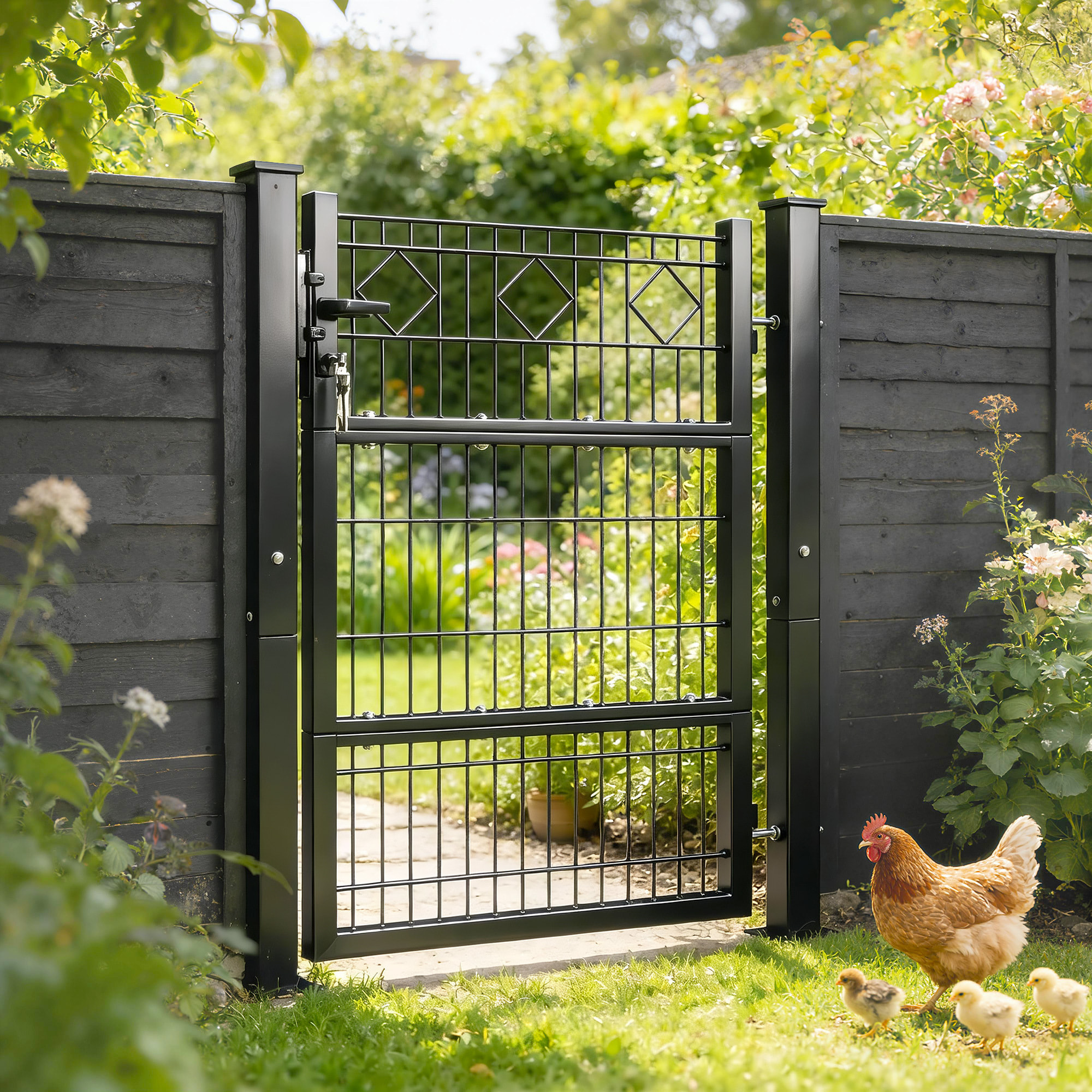 Puerta de Jardín 100x131 cm, Puerta para Valla de Barra de Metal Galvanizado con Manilla, Cerradura, 3 Llaves y 2 Postes, para Entrada de Exterior, Terraza, Patio, Gris Oscuro