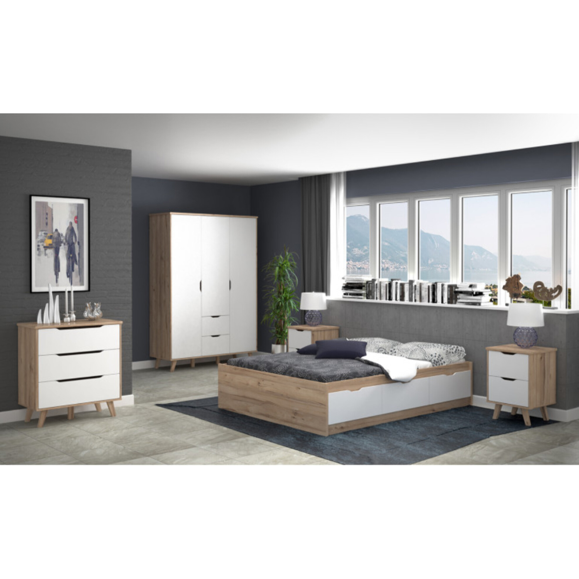Lit double 160x200cm avec tiroirs effet bois chêne naturel et blanc mat - WANDA