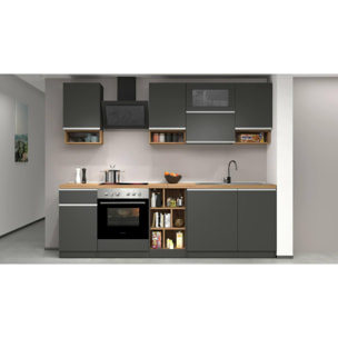 Cucina completa Dceccaron, Cucina pratica e salvaspazio, Parete da cucina con 8 ante e 1 cassetto, 100% Made in Italy, 255x60h85 cm, Antracite e Rovere