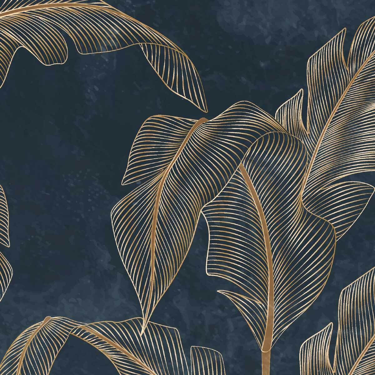 Papier peint tropical chic feuilles dorées fond bleu nuit Intissé