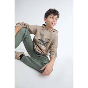 Conjunto niño sudadera con capucha tostado y verde y pantalón jogger, estampado de fútbol y bolsillos | Color: Tostado | Street Monkey