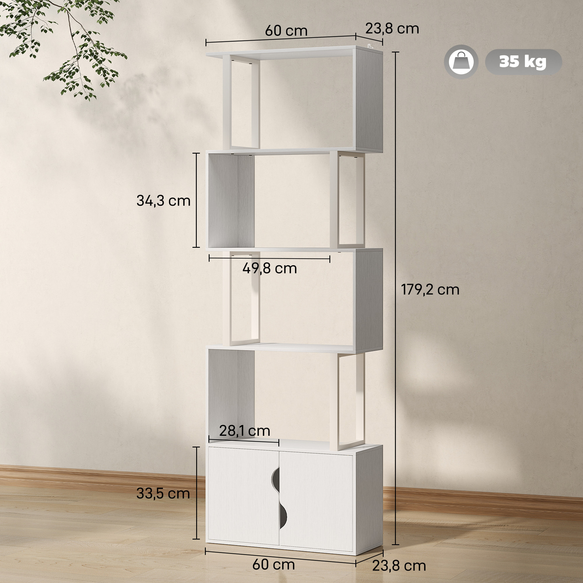Librería de 5 Niveles en Forma de S Estantería de Libros con 5 Estantes y 2 Puertas para Sala de Estar Oficina Estudio Dormitorio 60x23,8x179,2 cm Blanco