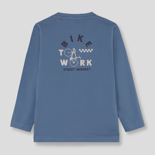 Camiseta niño azul de manga larga, estampado de bicicleta en el pecho, tejido suave y cómodo | Color: Azul medio | Street Monkey