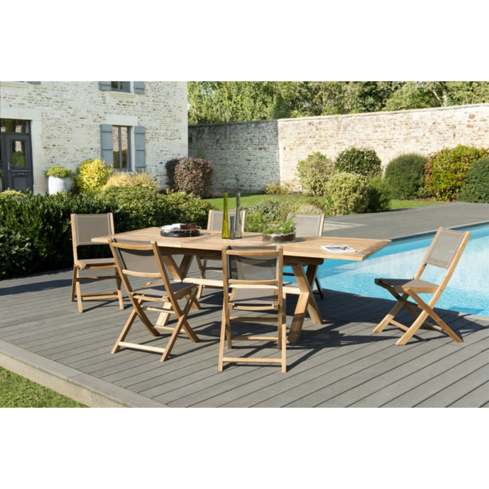 HARRIS - SALON DE JARDIN BOIS TECK 8/10 pers - 1 Table rect. extensible pieds croisés 180*240/100 cm - 6 chaises textilène taupe