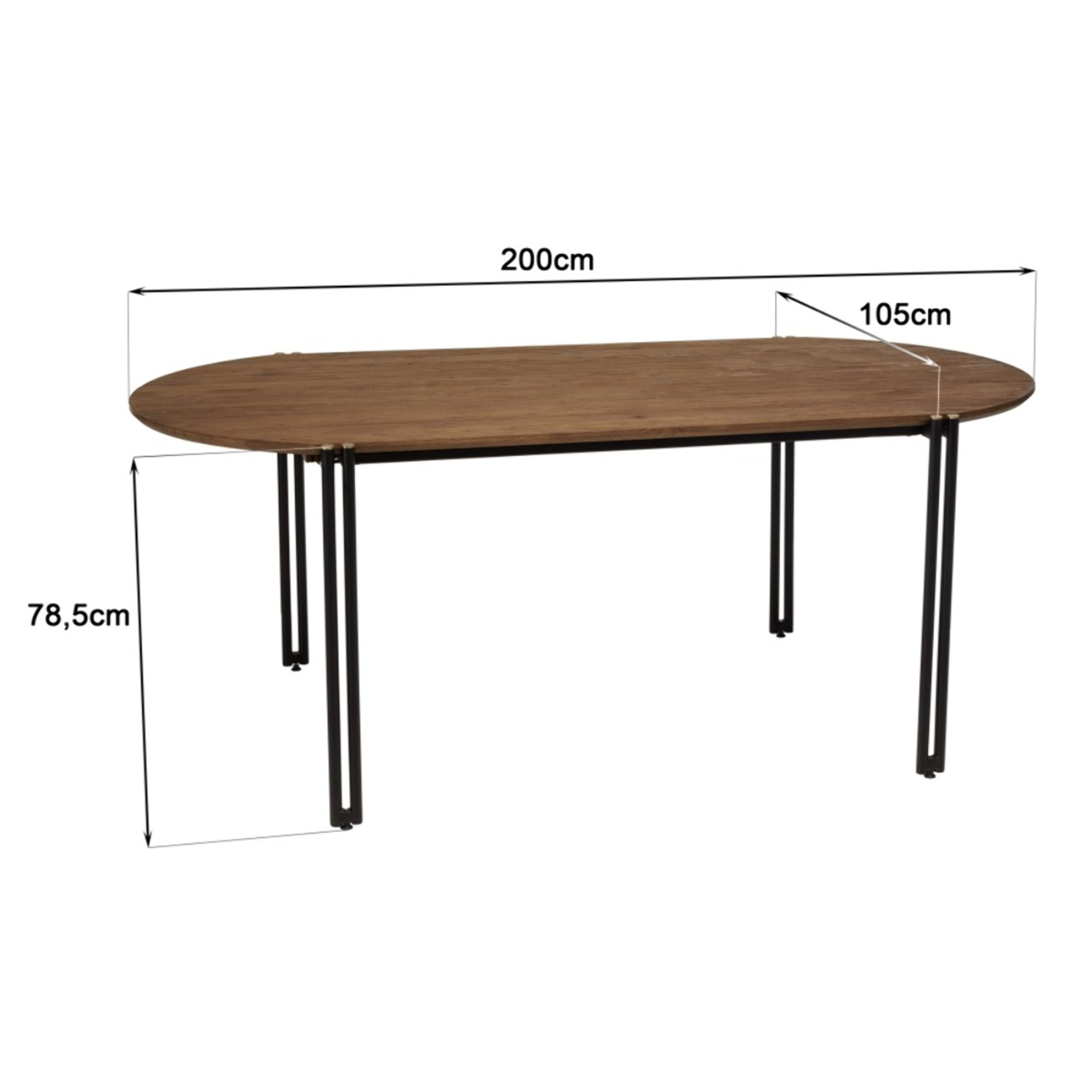 SIXTINE - Table à manger ovale 200x105cm plateau bois de teck recyclé