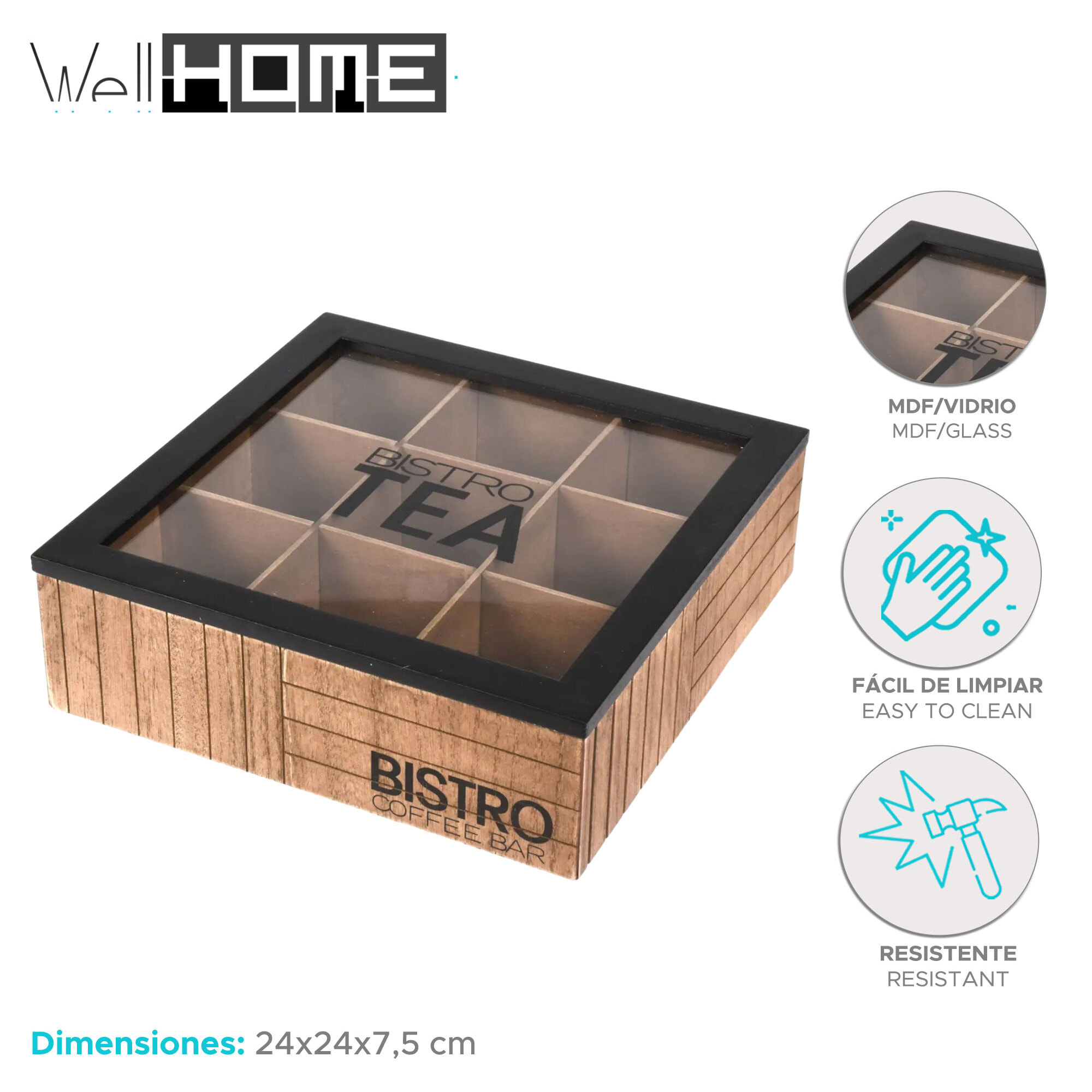 WELL HOME - Caja de té de 9 compartimentos con tapa de vidrio color negro