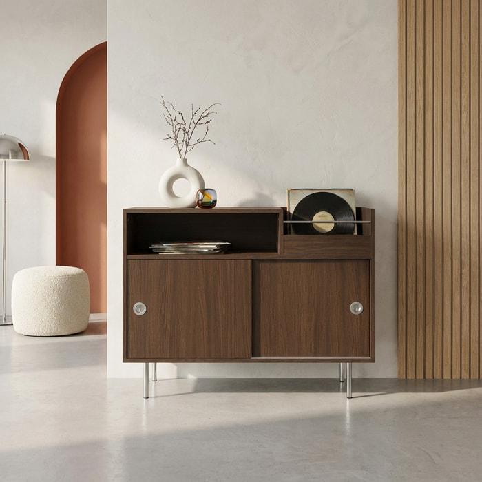 Meuble vinyle vintage décor bois et acier inoxydable 100cm SHELBY