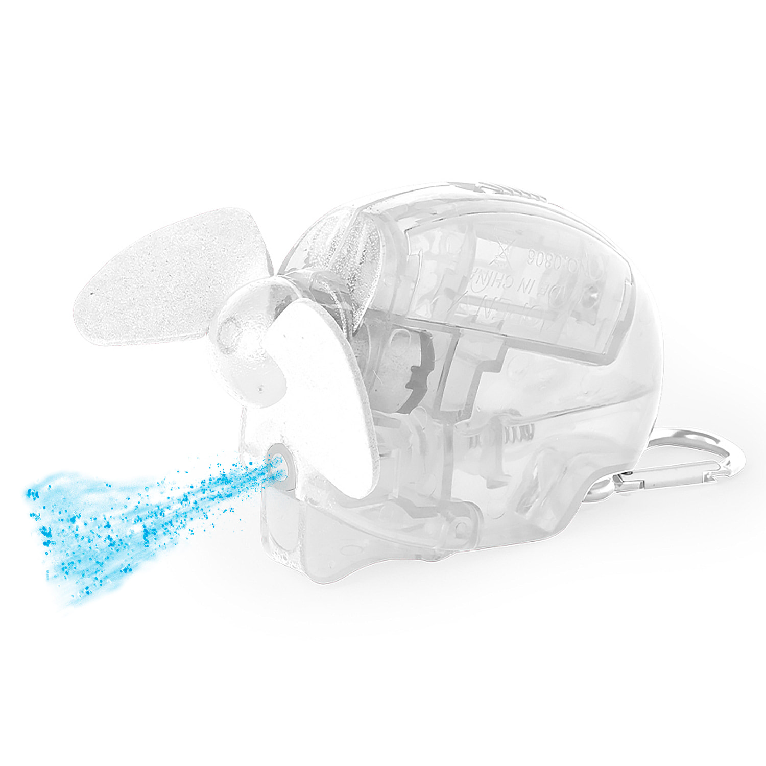 Ventilatore vaporizzatore portatile con serbatoio da 35 ml e spruzzo d'acqua. Include un moschettone per trasportarlo comodamente.