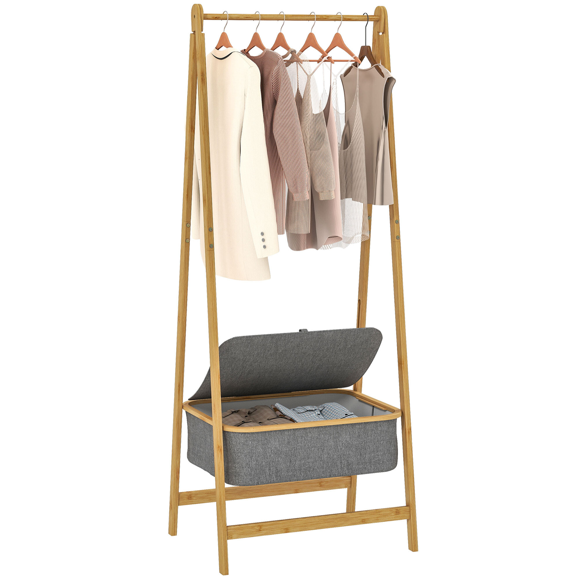 Burro Ropa de Bambú con Cesta de Tela con Tapa, Perchero Burro Ropa Plegable, Perchero para Recibidor, Entrada, Dormitorio, 60x44,5x157,5 cm, Natural y Gris