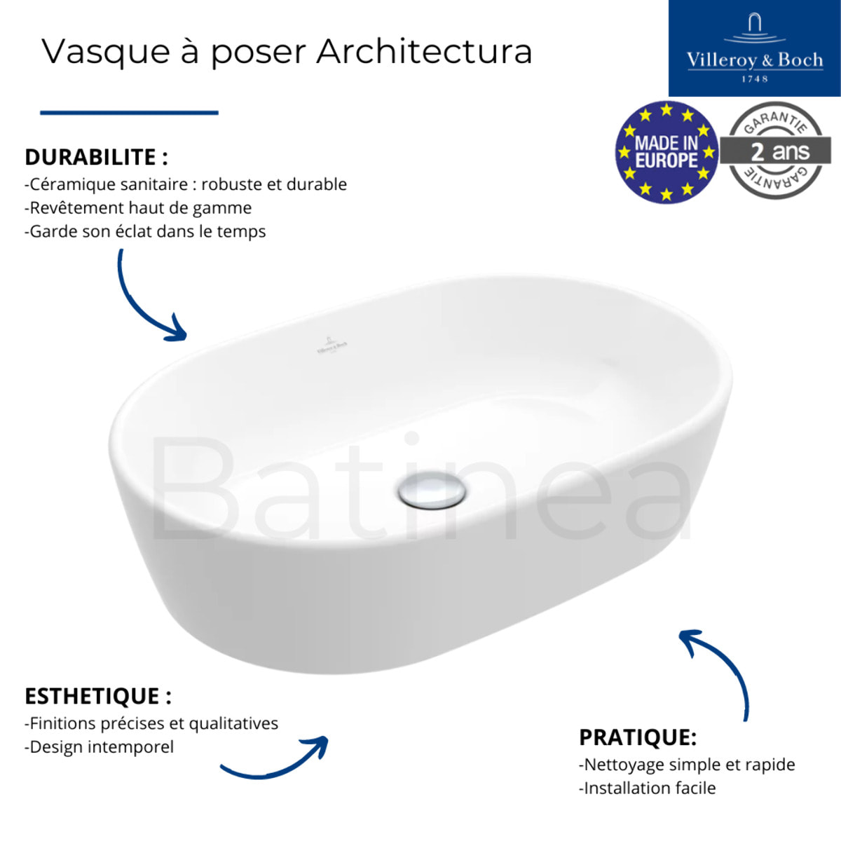 Vasque ovale à poser Architectura Blanc CeramicPlus 60 x 40 sans trop plein