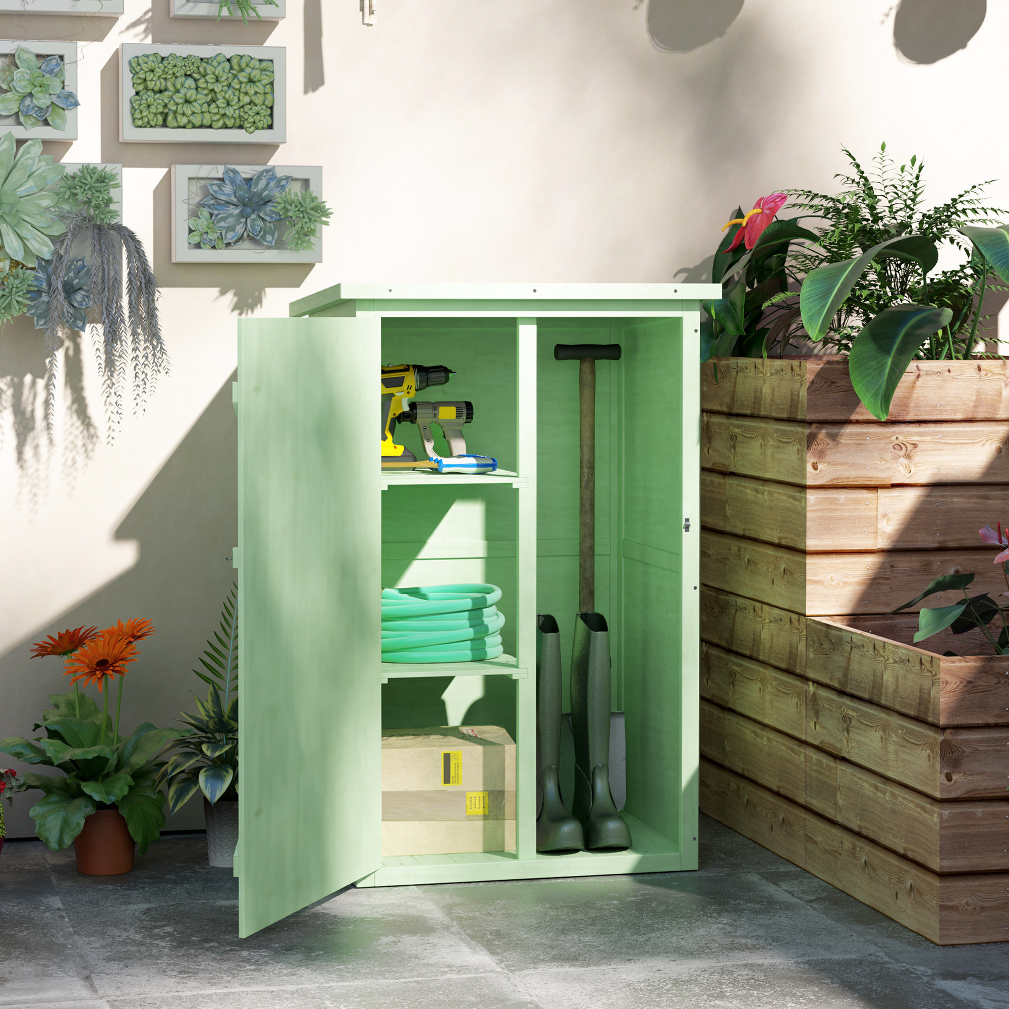 Caseta de Jardín de Madera 75x56x115 cm Armario Cobertizo de Exterior para Herramientas con 3 Estantes Interiores Puerta con Pestillo y Techo Asfáltico Verde